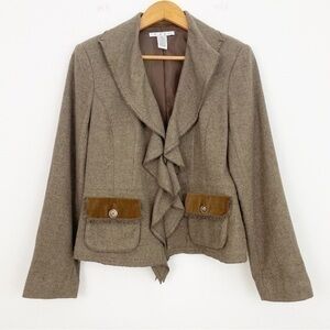 Cabi Kensington Brown Wool Ruffle Button Down Blazer Size 10